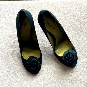 Charles by Charles David black rosette satin peep toe heels.